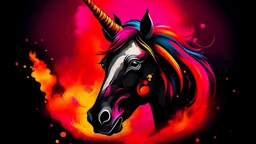 pink and black unicorn in fire head portraite rainbow backgrounde
