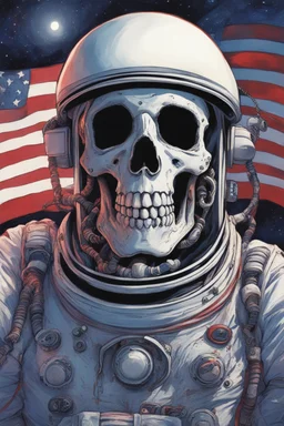 A close up of a skeleton face looking shocked, in an astronaut helmet and suit floating in space. inside the hollow eyes are red shining lights, scary. On his suit is an American flag and in his one hand is a small wavering American flag, on it is written "boned in the USA". From the back of his suit is blowing out blue, white and red smoke. Realistic, 8k, highly detailed, funny