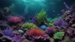 animals creatures, plants from subanautica from deep sea, leviathan's a lot of sea plants very deep, beautiful, river of magma, green, purple, blue, view from a far