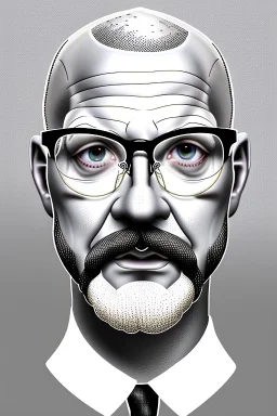 black and white,real estate agent,bald white male with bushy grey beard,55 years old,metal wire frame glasses,, necktie,portly,detailed drawing,white background