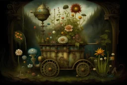 Surreal painting of plants and pots with flowers hanging on intrincate detailed rusty train engine, By Leonora Carrington & Didier Laurence & Naoto Hattori & Nicoletta Ceccoli & Jean-Baptiste Monge & Bernard Frize & Gunta Stölzl, James Jean, Mark Ryden, Brian Froud, Zdzisław Beksinski, H. R. Giger, Hieronymus Bosch, Imperial colors, Elegant, Polished, Masterful surrealism, Crisp quality, Ultra reallistic, Hyperrealistic, Ultra detailed, Extremely detailed, insanely intricate, High definition, Sh