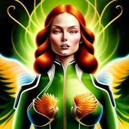 portrait of a beautiful busty Jean Grey with green eyes riding a phoenix by Sandro Botticelli style