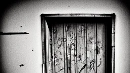 unhinged door, anime, monochrome, black background, ink, simple, maximum quality, broken hinge, barely functioning, why is it still being used it's a health hazard, centered on frame, far