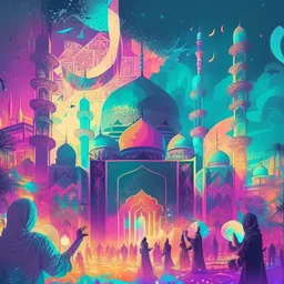 Combine elements of a serene mosque and a vibrant party scene to symbolize the initial attraction of drug use