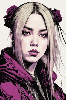 Billie Eilish as a goth punk vampire huge girl, illustration by Yoji Shinkawa and Katsushika Hokusai, finely detailed facial features, finely drawn and inked, 4k, symmetric, hyperdetailed , dark plum tones