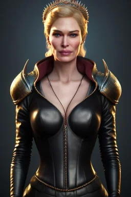 Cersei Lannister as evil queen in black leather, busty, cleavage, curvy, lena headay, angry, stern look. character design by cory loftis, fenghua zhong, ryohei hase, ismail inceoglu and ruan jia. unreal engine 5, artistic lighting, highly detailed, photorealistic, fantasy