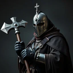 Varican fighter with a hammer shaped like a cross in modern military gear under pastor robes