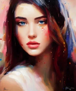 Masterpiece, best quality, The Face of the Curious Female by Bryen Frost rework. trace light, painted impressionist brush strokes. Paint spatters, drips, drabs, dynamic, artstation, artgerm