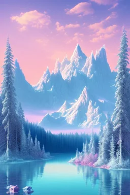  mountain topped with pink ice-cream, lake, trees, mystical, Dada,