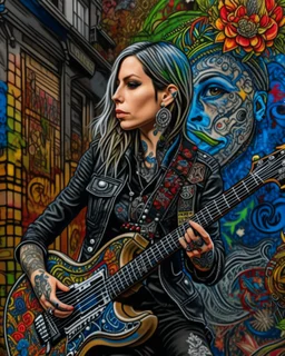 "Midnight Serenade unique" low view angle shot down village road , large close up a beautiful young woman with a tattoos wearing a cool black leather jacket like rocker style and holding a guitar, granite terrazzo motifs with puzzle modern clothing is decorated with colorful filigree abstract, Collage chutes papiers magazines,Spirograph background by Nisa Kiley, Textile Artist