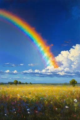 Rare circumhorizontal arc (also known as fire rainbow) caused by small water droplets individually scattering light; Lowbrow Post-Impressionism