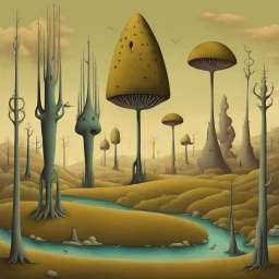 Surreal key-shaped trees, strange landscape of incredibly long-limbed and thin weird alien-like cryptids "Thins" who tend to the fauna, surrealism, sharp focus, by Kay Nielson, by Yves Tanguy, by Andy Kehoe, sinister, weird-land, sharp colors, art from beyond.