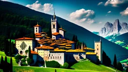 Huge medieval monastery at the top of a hill in northern Italy