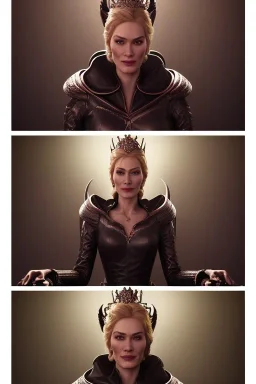 Cersei Lannister as evil queen in black leather, lena headay, leather, busty, cleavage, angry, rage, stern look. character design by cory loftis, fenghua zhong, ryohei hase, ismail inceoglu and ruan jia. unreal engine 5, artistic lighting, highly detailed, photorealistic, fantasy