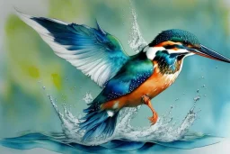 A beautiful kingfisher diving into water. Highly detailed, smooth colours, realistic landscape. Aquarell