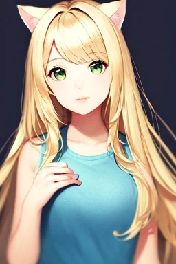 Clear focus,High resolution,High quality, Blonde long hair, green eyes, cat ears, Realistic