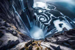 at the base of the rocky mountain peninsula, a great whirlpool waterfalls into deeper unknown depths