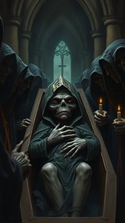 Bosch painting style, 3D ugly scary hooded creature sleeping in a coffin with hands on chest in surrounded by other hooded dark evil creatures wearing black one of them carrying a small candle in scary dark church, they all staring at the dead creature in the coffin