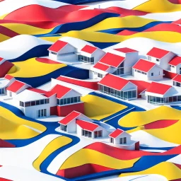 Ilustración minimalista 3D de una casa campestre estilo Zaha Hadid en las montañas arte nouveau neón lineal color negro blanco amarillo rojo y azul calidad ultra fondo ciudad vista aérea