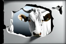 white,background,looking,through,a 3-d, broken,window,with,sharp,edges hole,watching,a,aubrey cow