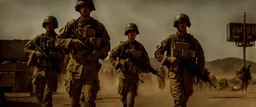 War Film but instead of U.S.A. soldiers it's McDonalds soldiers, cinematic, Fuji Film, Anamorphic lens, 2040s, deep depth of field, WW3 film