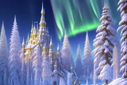  white and gold crystal castle，waterfall, winter snow flakessnow, northern Lights, full of details, smooth, bright sunshine，soft light atmosphere, light effect，vaporwave colorful, concept art, smooth, extremely sharp detail, finely tuned detail, ultra high definition, 8 k, unreal engine 5, ultra sharp focus