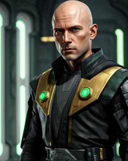 star wars bald male corellian jedi pilot wearing black and gunmetal grey old republic armored robes with gold trim inside the jedi temple holding a lightsaber with viridian green blade in left hand, centered head and shoulders portrait, hyperdetailed, dynamic lighting, hyperdetailed background, 8k resolution, volumetric lighting, light skin, fully symmetric details