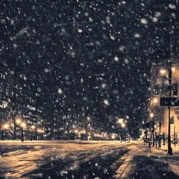 City at night with dark clouds and falling snow