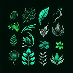 Hand Drawn Brush Stroke icons of nature with strong turquoise on deep green background.