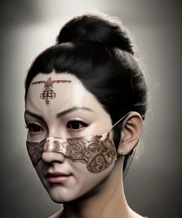 Simetric Realistic image portrait. Sweet woman face traditional japanese porcelain mask. Smooth. Dark ambient. Cold. God light. 4k resolution, intricate details, ornate details, soft lighting, unreal engine 5.