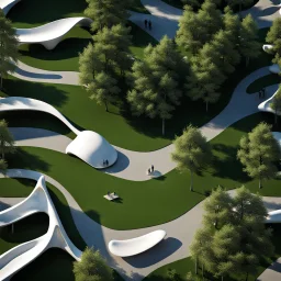 Vista aérea parque, árboles, senderos, kioscos, bancas, sillas, gente, Arquitectura minimalista estilo Zaha Hadid, calidad ultra, 3D 8k