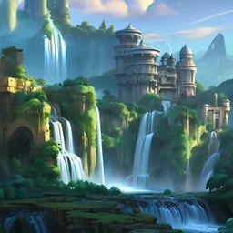 complex outdoor scene with waterfall and futuristic castles by warner brothers animation