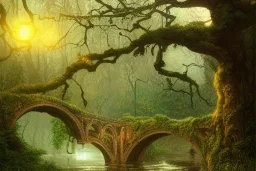 book cover!!!!!!!!!!!!, old bridge, ivy leaves graphic vectors at each border, fantasy forest landscape, fantasy magic, light night, intricate, elegant, sharp focus, illustration, highly detailed, digital painting, concept art, matte, art by wlop and artgerm and ivan shishkin and andrey shishkin, masterpiece