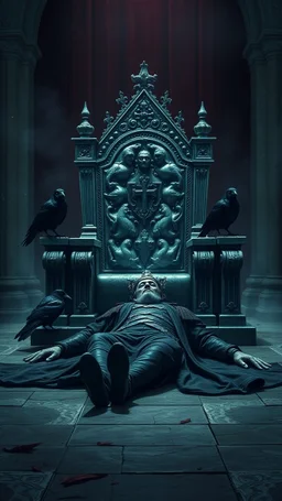 The king is dead laying on the floor by the throne and 2 black crows are sitting on each side of the throne