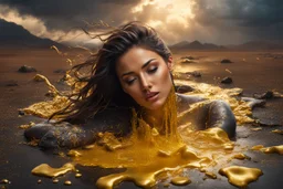 A hyper-realistic photo, beautiful face woman lying on ground disintegrating into gold dripping ink and slime::1 ink dropping in water, molten lava, full body , 4 hyperrealism, intricate and ultra-realistic details, cinematic dramatic light, cinematic film,Otherworldly dramatic stormy sky and empty desert in the background 64K, hyperrealistic, vivid colors, , 4K ultra detail, , real photo, Realistic Elements, Captured In Infinite Ultra-High-Definition Image Quality And Rendering, Hyperrealism,