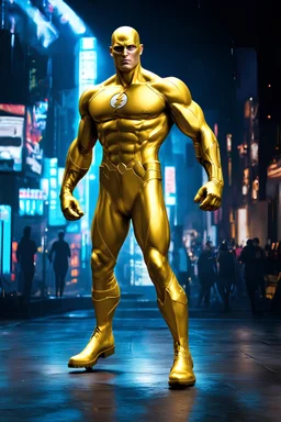 the Flash with gold boots, extremely exaggerated muscular stature, posing for the cameras, Professional Quality 35mm Photograph, 4k UHD, hyper-realistic, Photorealistic, extremely detailed, High resolution