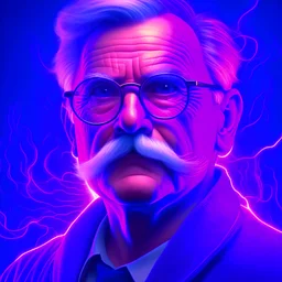 lightning strikes, abstract, high quality, UHD, Luminous Studio graphics engine, violet, cyan, octane render, cloudy haze, fiery members, old man Carl Gustav Jung with glasses and mustache portrait