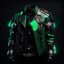 cloth leather and metal pieces, cyberpunk style, green lighting black background