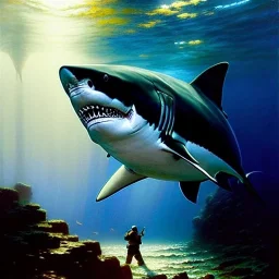 Full Body portrait of ' Giant Megalodon Shark',intense stare to viewer,painting by gaston bussiere, greg rutkowski, yoji shinkawa, yoshitaka amano, tsutomu nihei, donato giancola, tim hildebrandt, oil on canvas, extreme detail,fit full head inside picture,32k