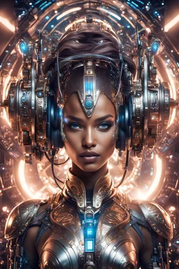 photography front view of super model beautiful woman as dj player,headphones ,dressing mech in transformative style, his metallic skin gleaming with intricate textures and intricate details, captured in an ultra-realistic style that blurs the lines between reality and imagination,cosmic spaceship background