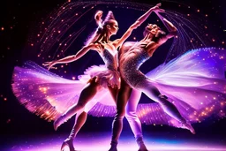 very beautiful a ballet male and female dancers couple in very pretty clothing dancing ,hyper realistic ,disco lights,very luxury dance stage ,with nice light sources and devices in stage, close up