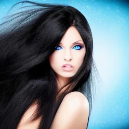 gorgeous woman with long black hair glowing blue eyes in the moonlight