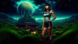 Photorealistic, full Body Photo Of A slim Exotic Sci-Fi Pin-Up Girl, With dark Hair and Bangs, on an alien jungle Planet With Cloud Trees, Tall Spires, Buildings, Bridges, Arches, a stormy skyline, with lightning