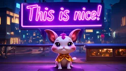 a cute magical creature in front of a big purple neon sign that says "This is nice!", cinematic, a city in the background