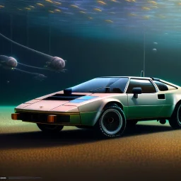 fullbody Drawing of '1976 Lotus Esprit Series I'intricate detail,by andrea bonelli,Kilian Eng,Ohrai,underwater,three quarters view, Futuristic Vehicle design study, toned colors,16k