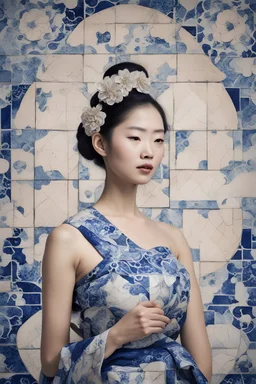 editorial image, asian woman portrait, portuguese azulejo tiles pattern, abstract, mixed media