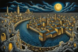 midnight in surreal old city with one big full moon, shadows on walls, strange buildings, sinister by Greg Rutkowski surrealism Salvador Dali matte background melting oil on canvas sinister by Greg Rutkowski surrealism Salvador Dali matte background melting oil on canvas abstract vector fractal, wave-circle function, Zentangle, 3d shading