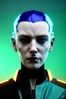 Cyberpunk portrait, pretty British woman:: symmetry photography, cyberpunk, blue long hair, face make-up, black line eye, light iris eye, :: kenzo fashion style, coat :: cinematic, Ultra realistic, dark scene, soft color, highly detailed, unreal engine 5, RTX, ultra detail, 3d, finely drawn, high definition.