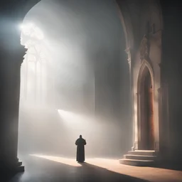 церковь с куполом,врата,человек молится,туман,яркий свет