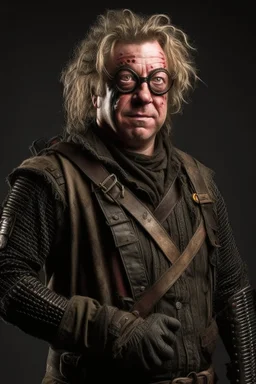 Mad-eye Moody with a chainsaw for a right arm wearing leather armor